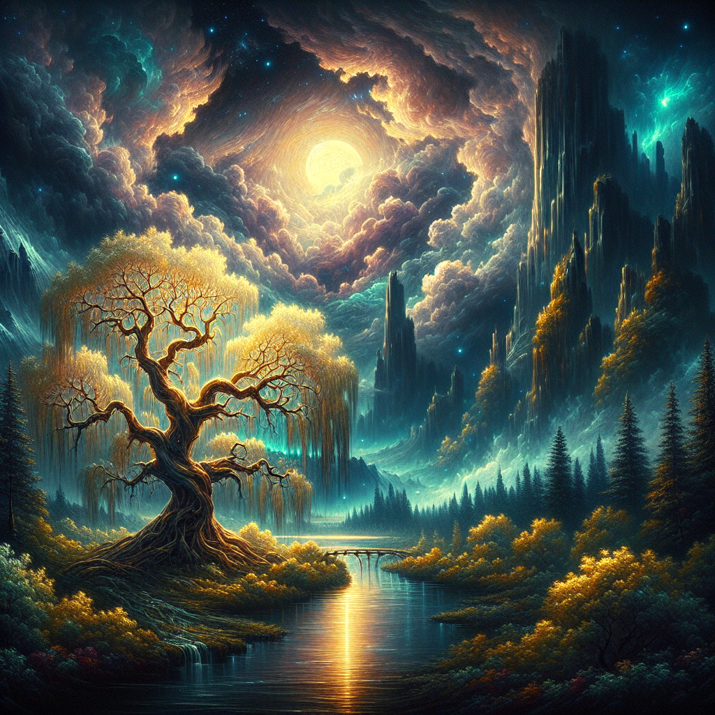 Mystical Landscape with Gnarled Tree and Serene River