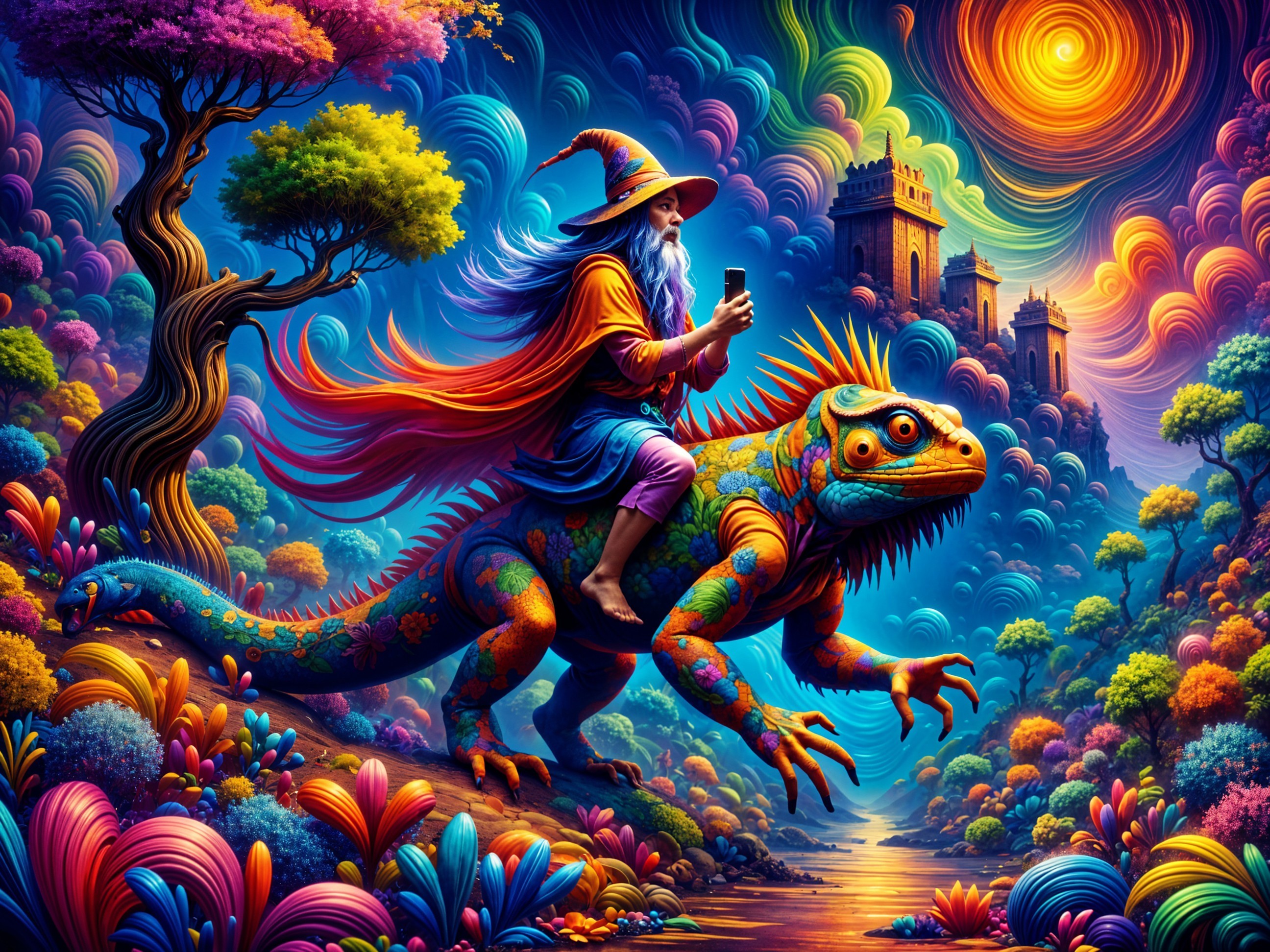 Whimsical Wizard Riding Iguana in Surreal Landscape