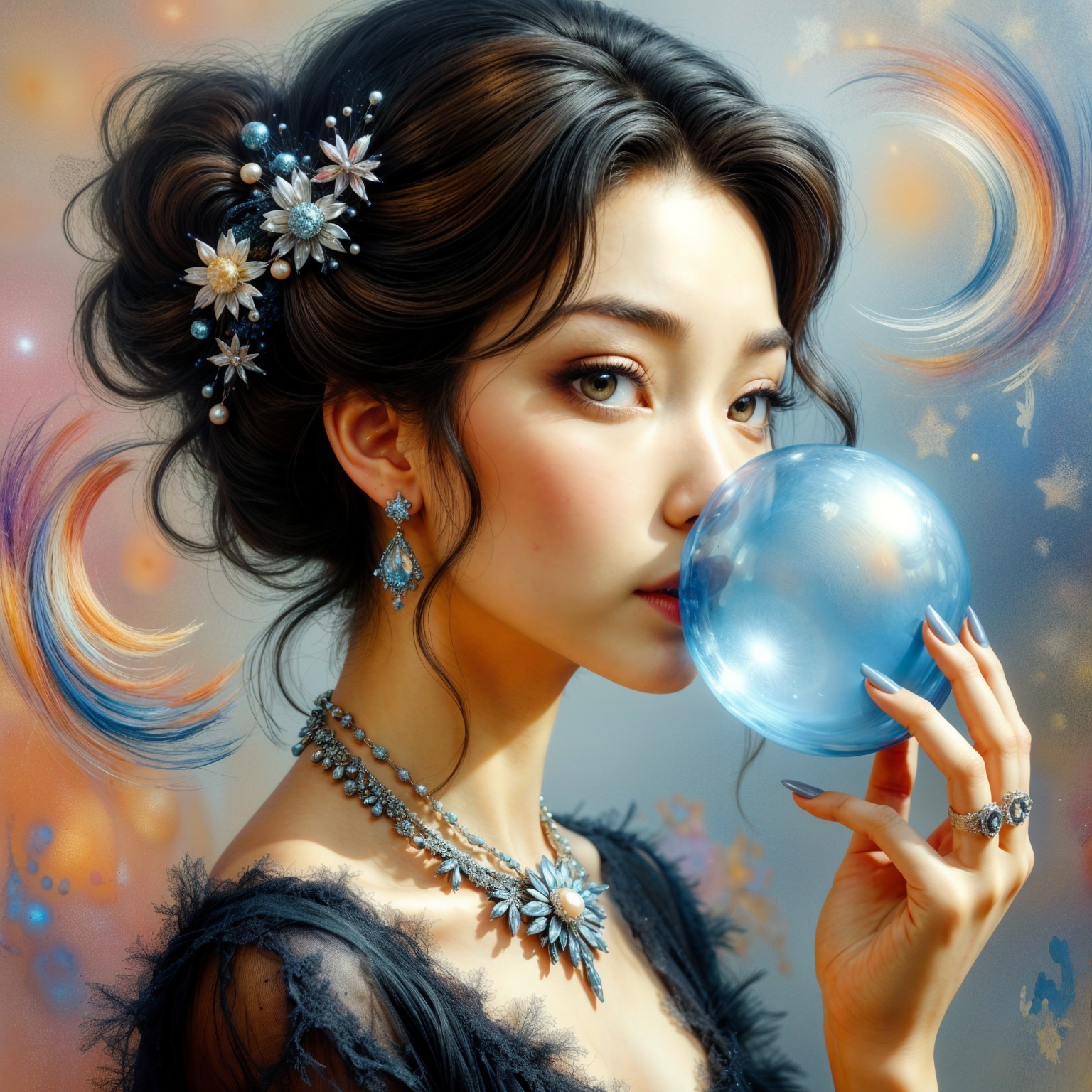 Young woman with blue orb and floral accessories