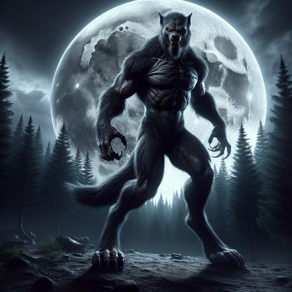 Towering Werewolf in Moonlit Forest Scene