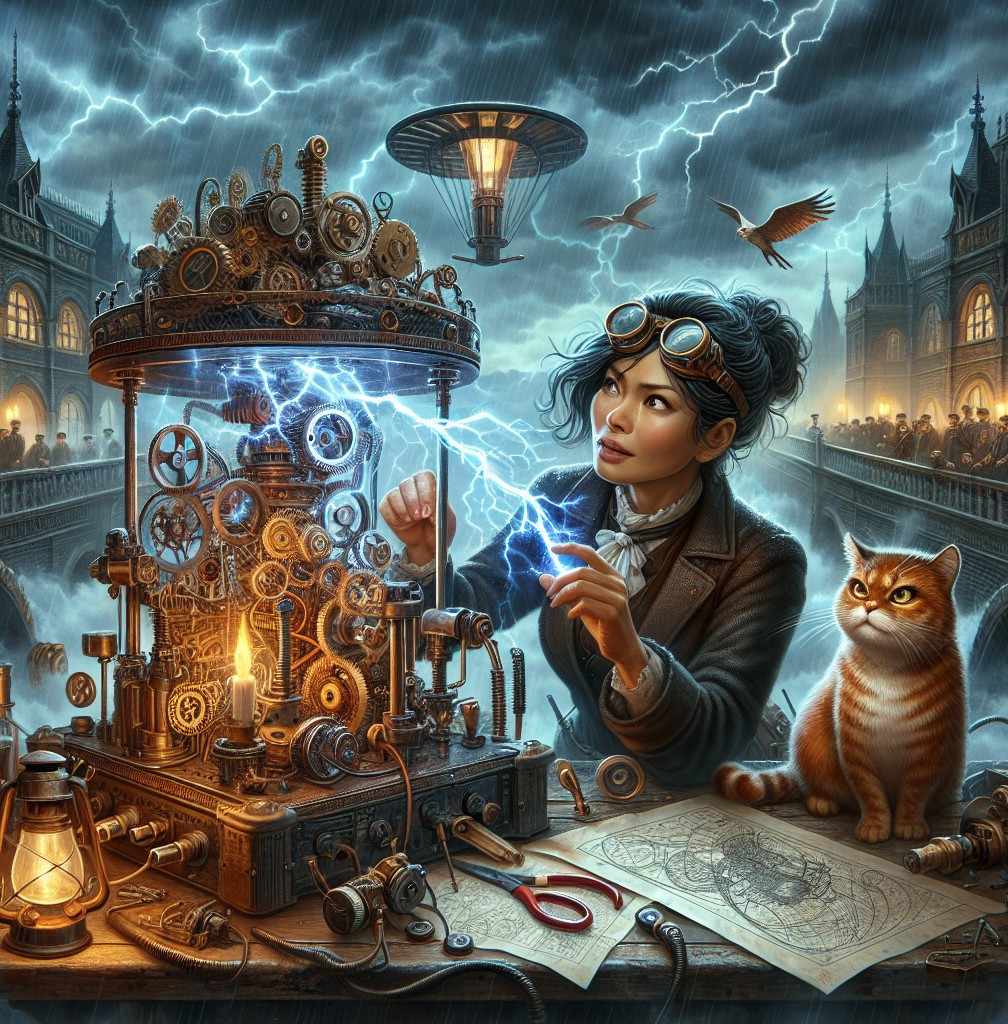 Young Woman Tinkering with Steampunk Machine