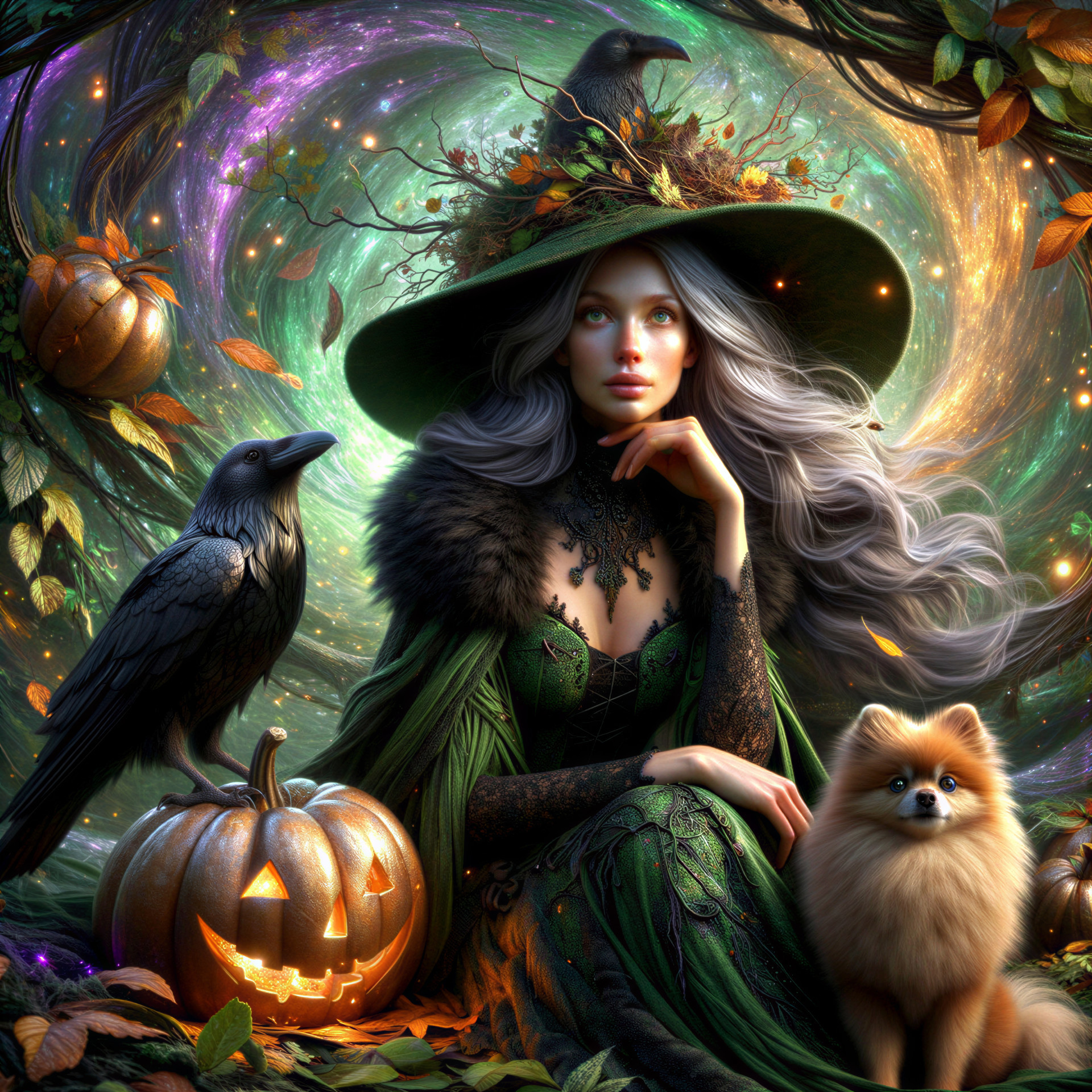 Mystical Scene of Woman in Green Gown and Witch Hat