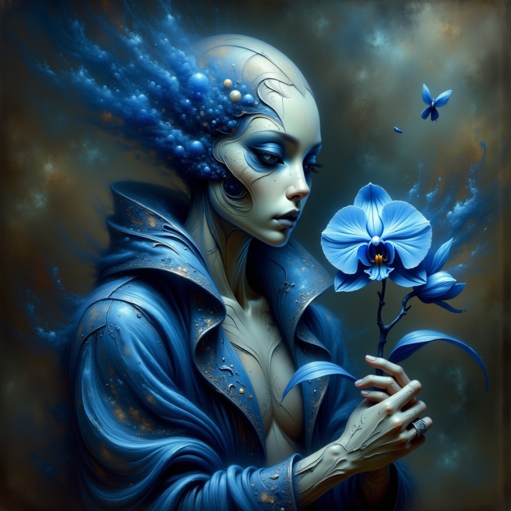 Serene figure with blue orchid in abstract background