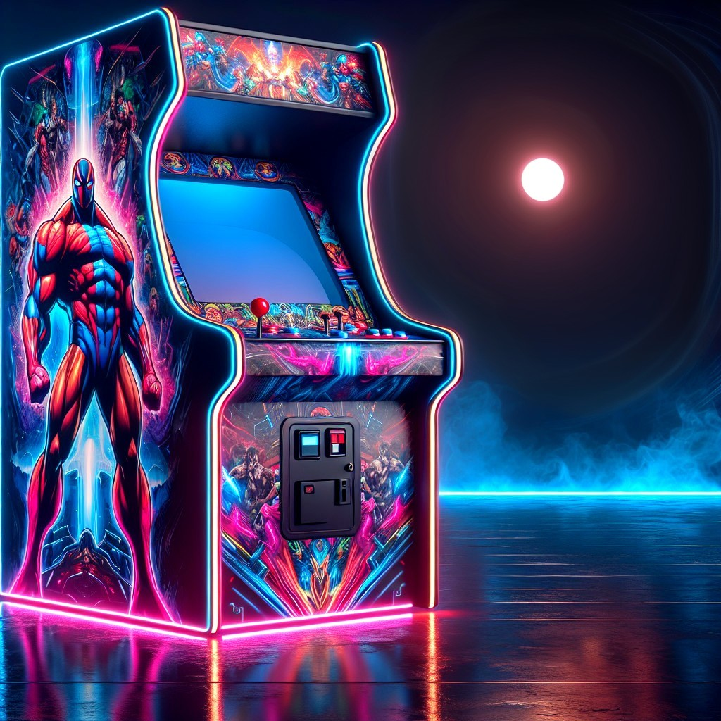 Retro Arcade Machine with Neon Lights and Mural