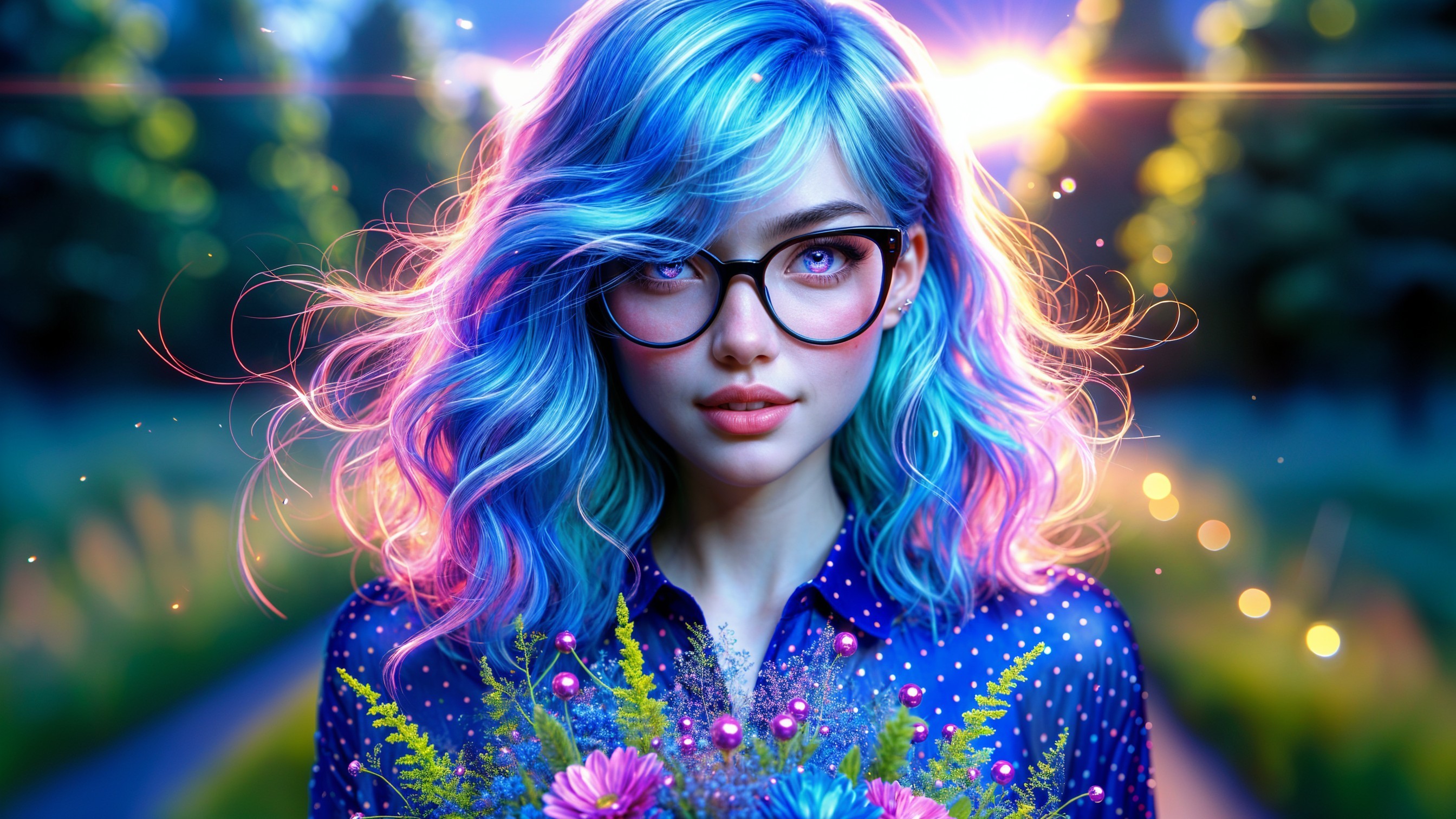 Young woman with pastel hair and colorful flowers