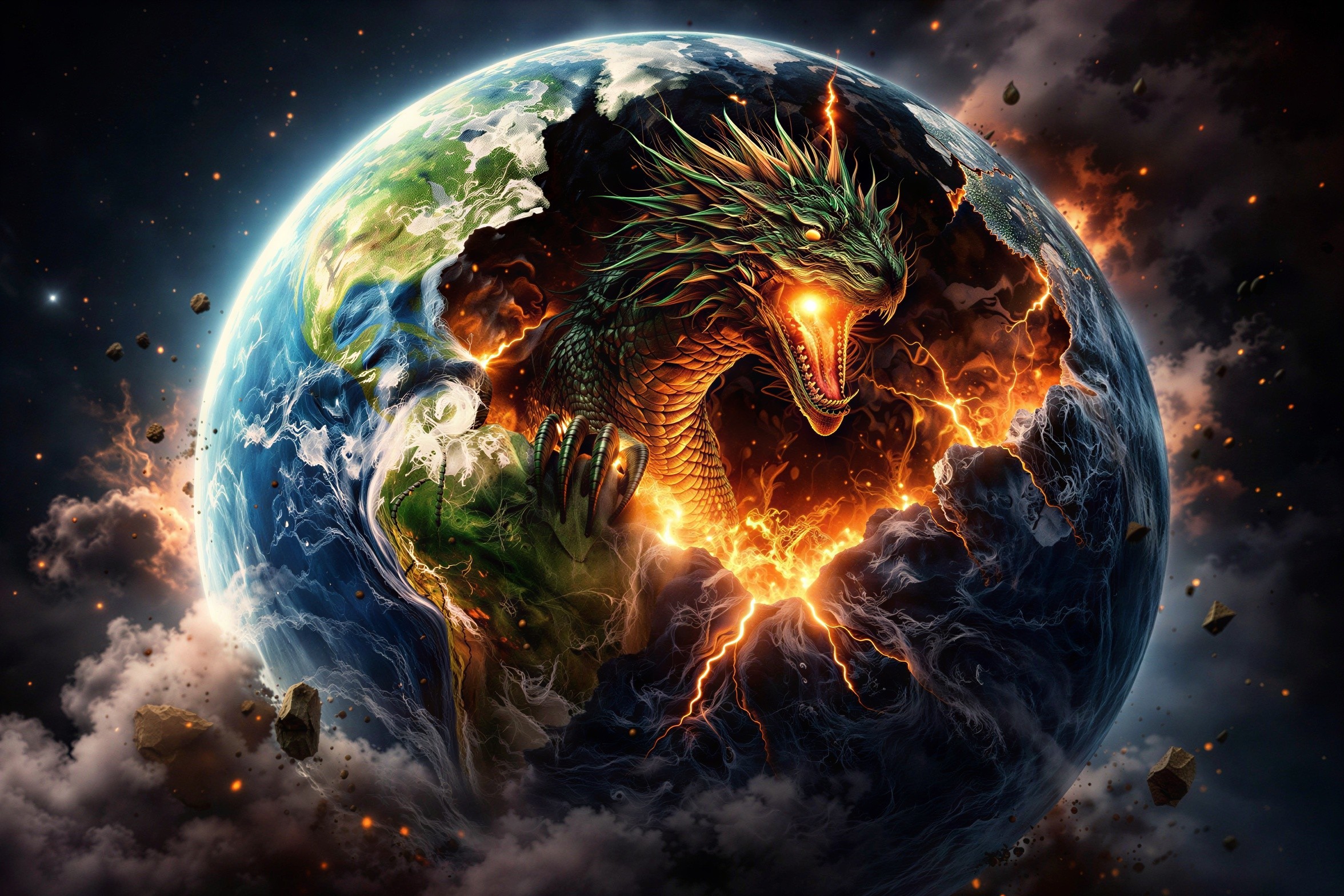 Emerald Dragon Emerging from Fiery Earth Crevice