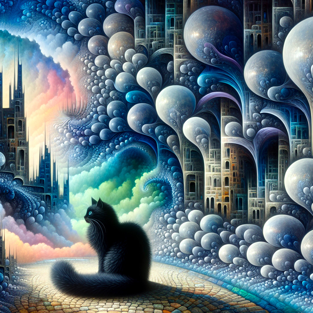 Mystical Landscape with Black Cat and Dreamlike Cityscape
