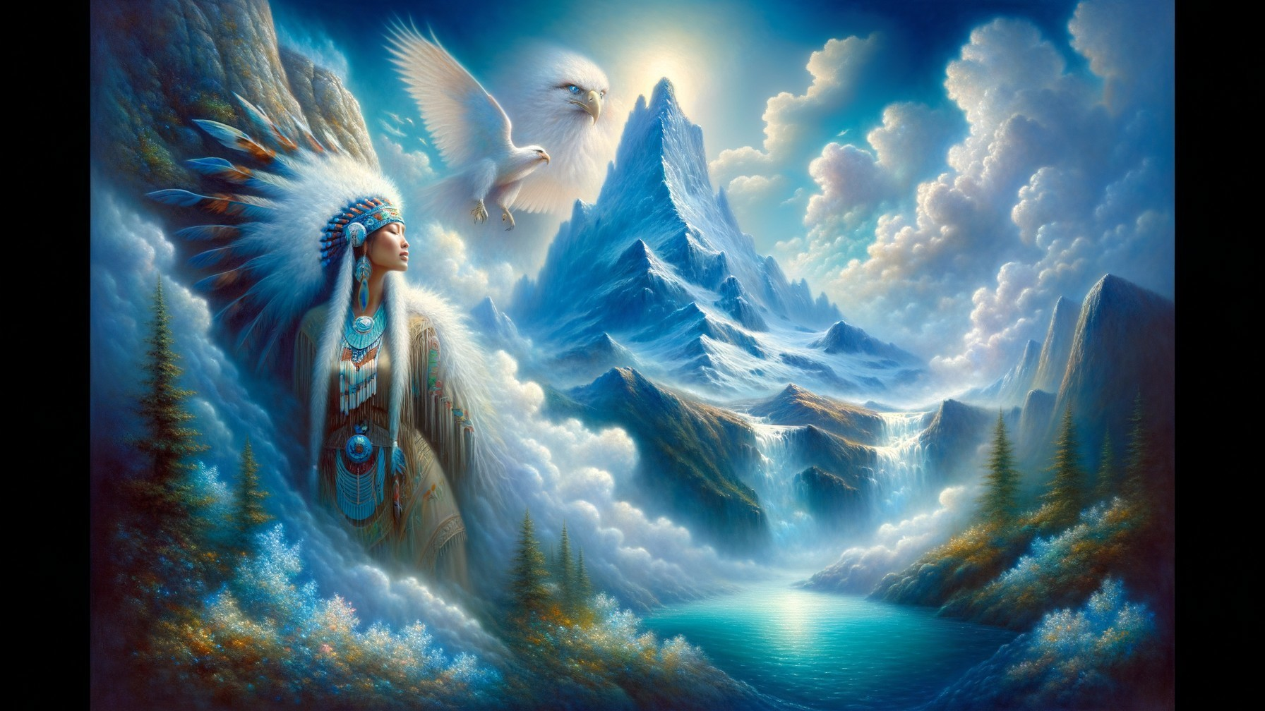 Serene landscape with mountains, river, and Native American woman