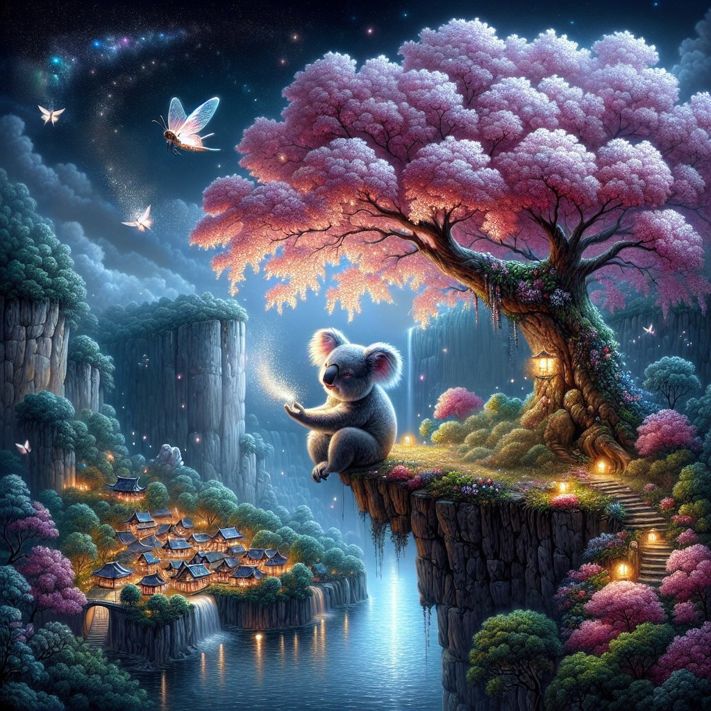 Cozy koala on cliff under moonlight with vibrant trees