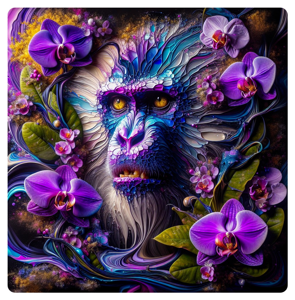 Vibrant Digital Artwork of Monkey Surrounded by Orchids