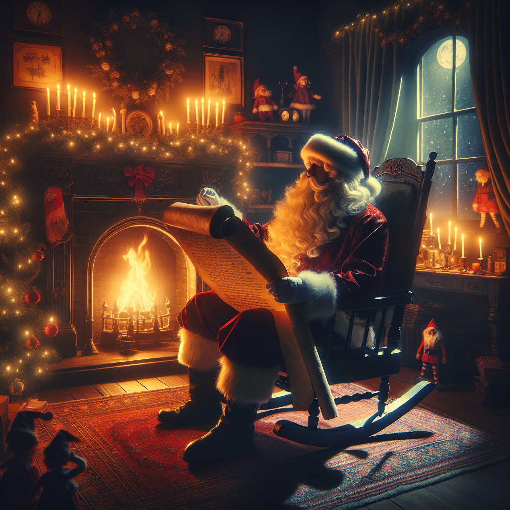 Santa Claus Reading by a Fireplace in a Festive Room