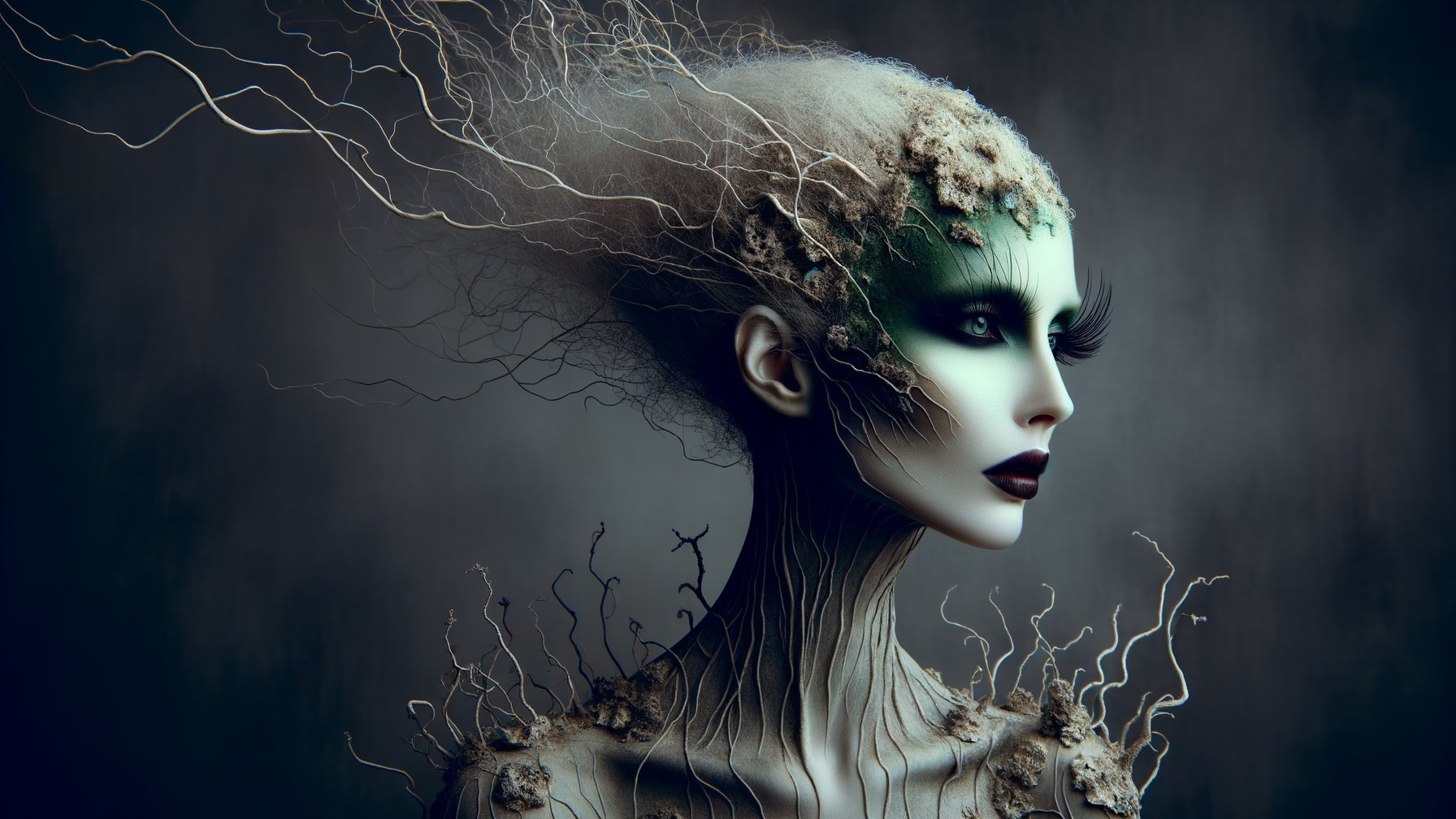 Ethereal Figure with Luminescent Skin and Dramatic Makeup