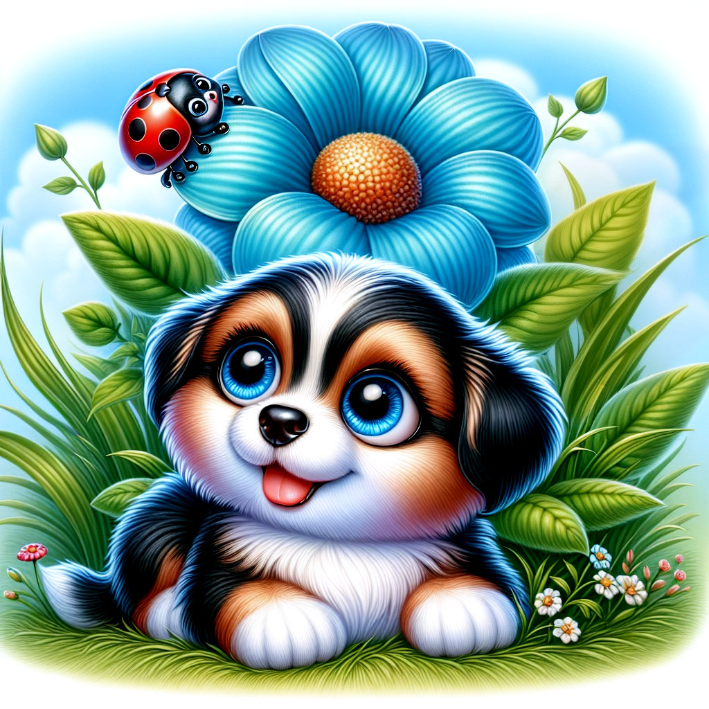 Cartoon Puppy in Lush Green Setting with Flowers