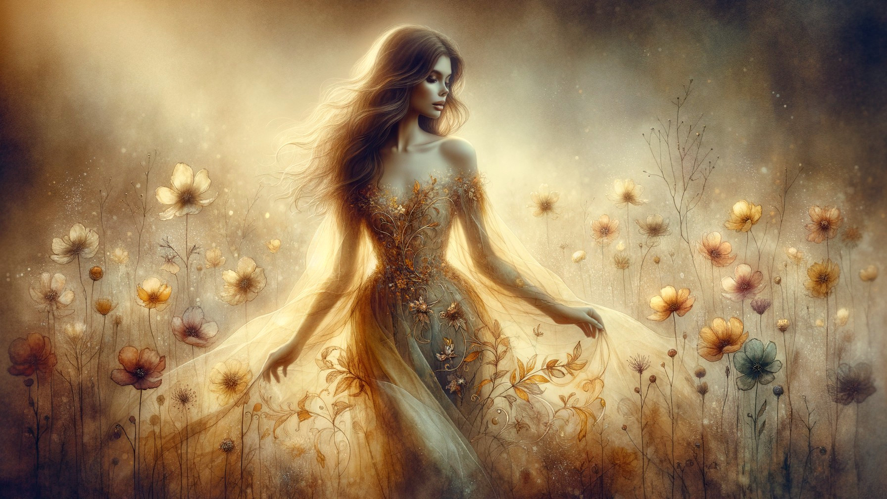 Graceful figure in floral gown in dreamy flower field