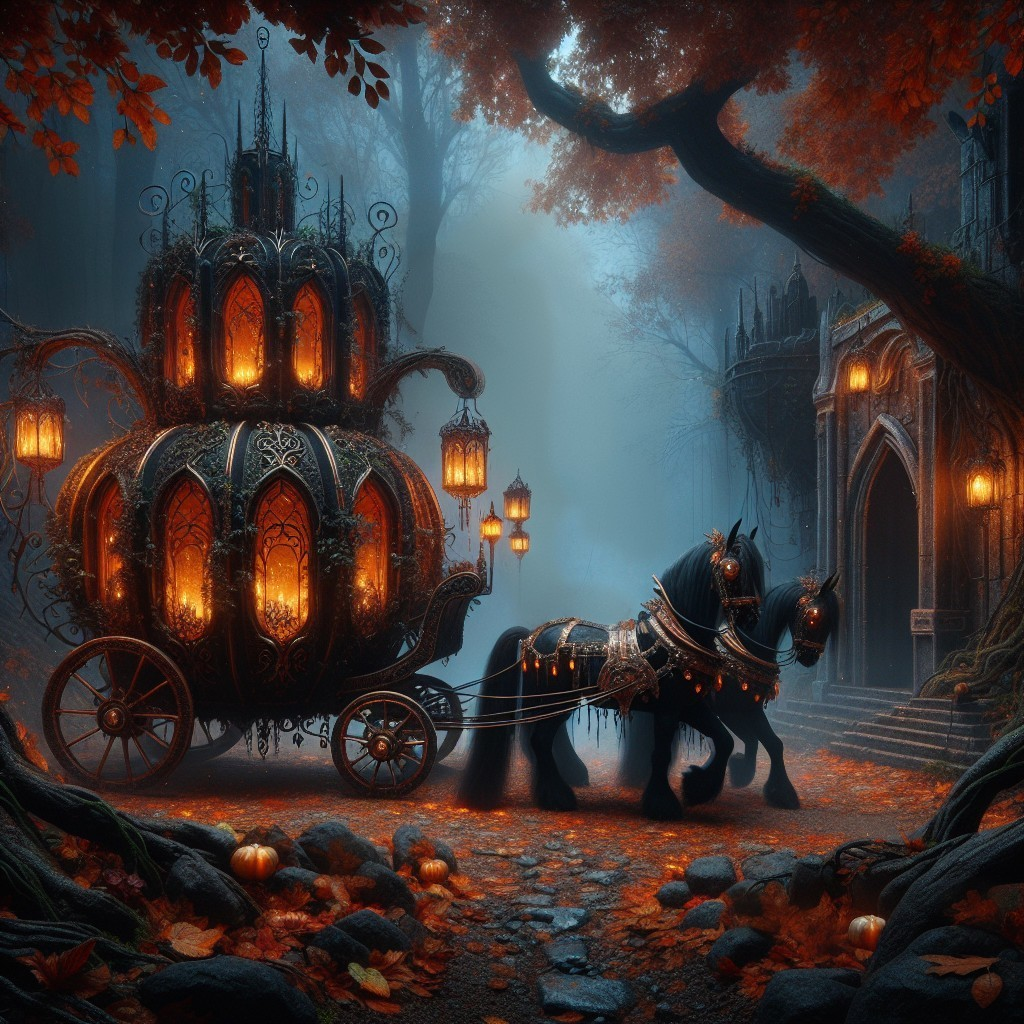 Mystical Carriage in a Foggy Forest with Autumn Leaves