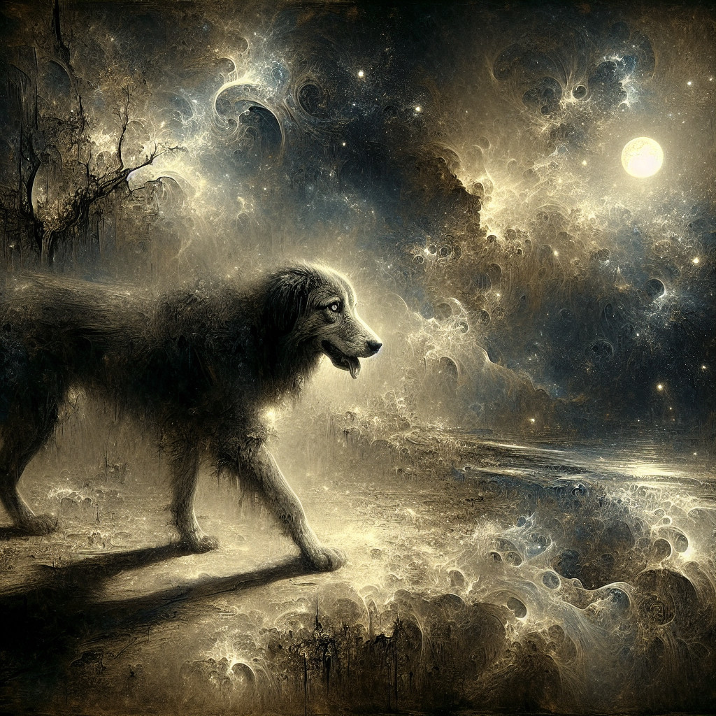 Majestic wolf in surreal cosmic landscape with moonlight