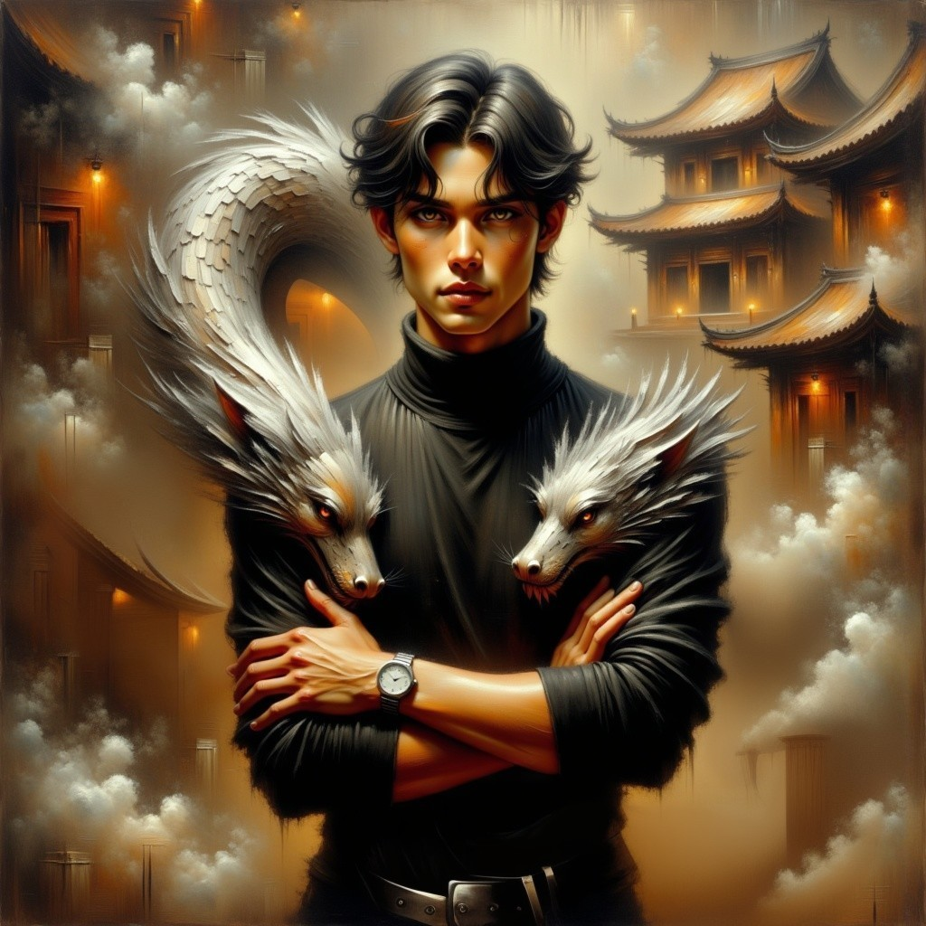 Young man in black with ethereal dragons and foggy backdrop