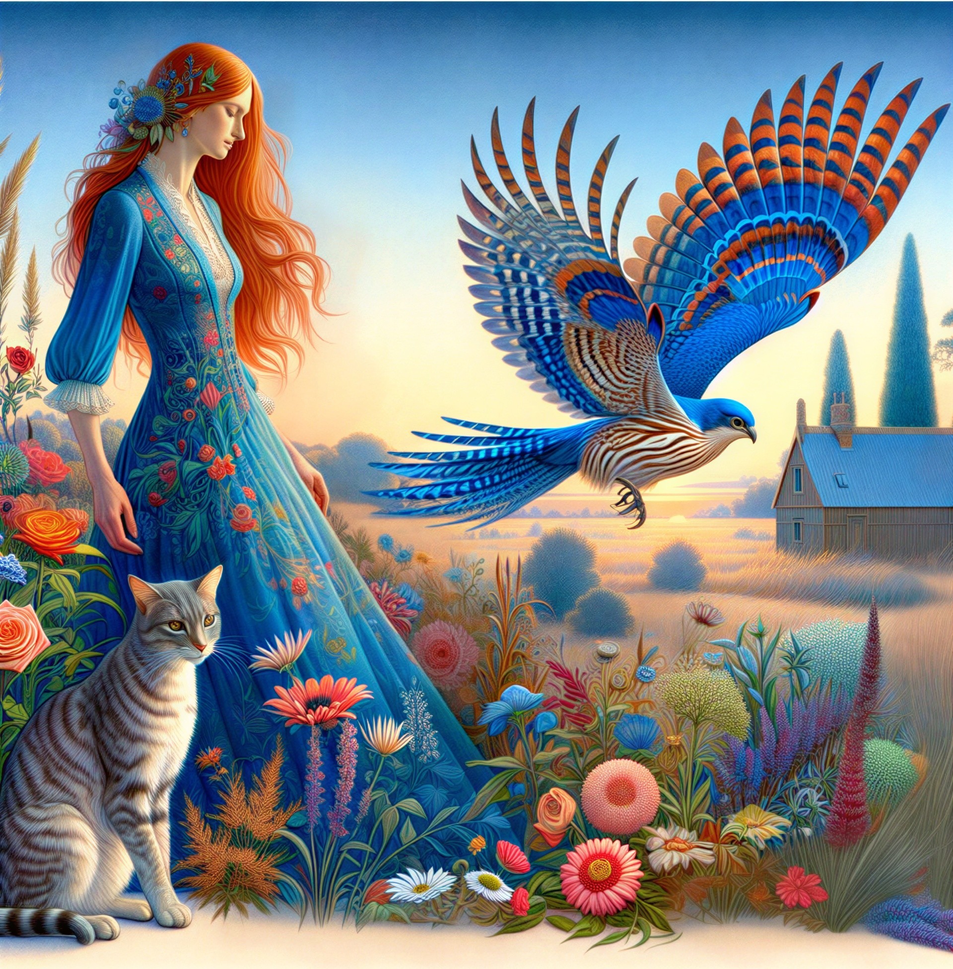 Woman in Floral Dress Surrounded by Nature and Animals