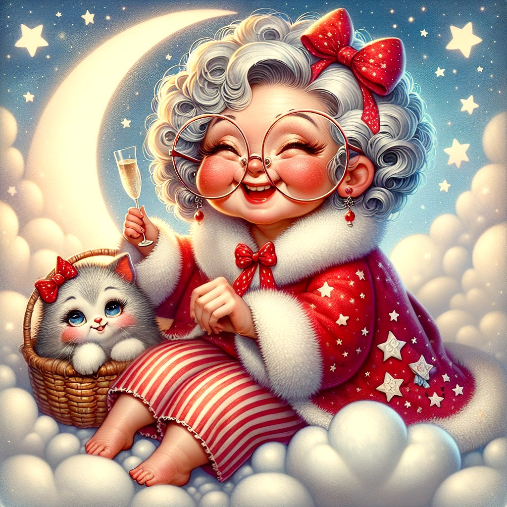 Elderly Woman with Kitten in Festive Night Sky Scene
