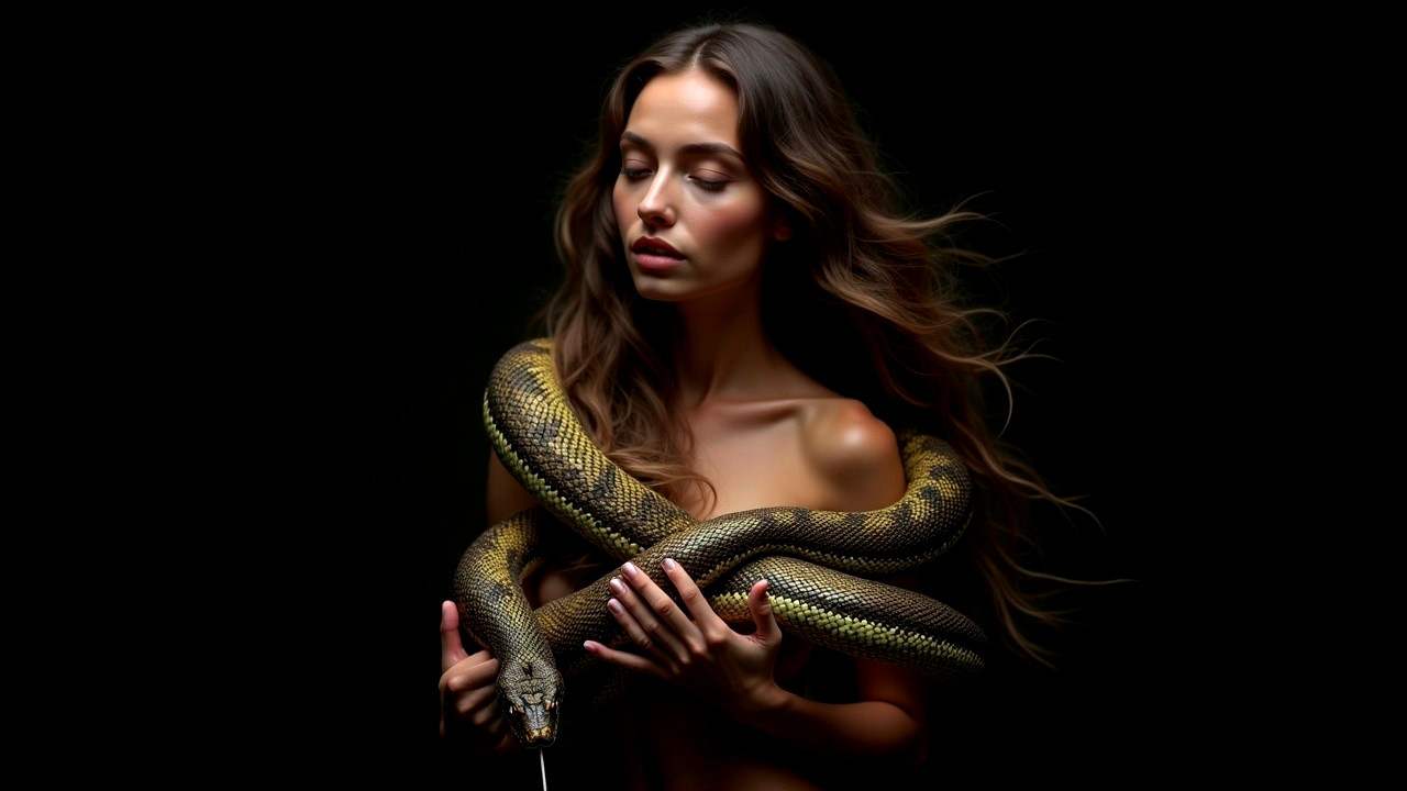 Elegant woman with snake against dark backdrop