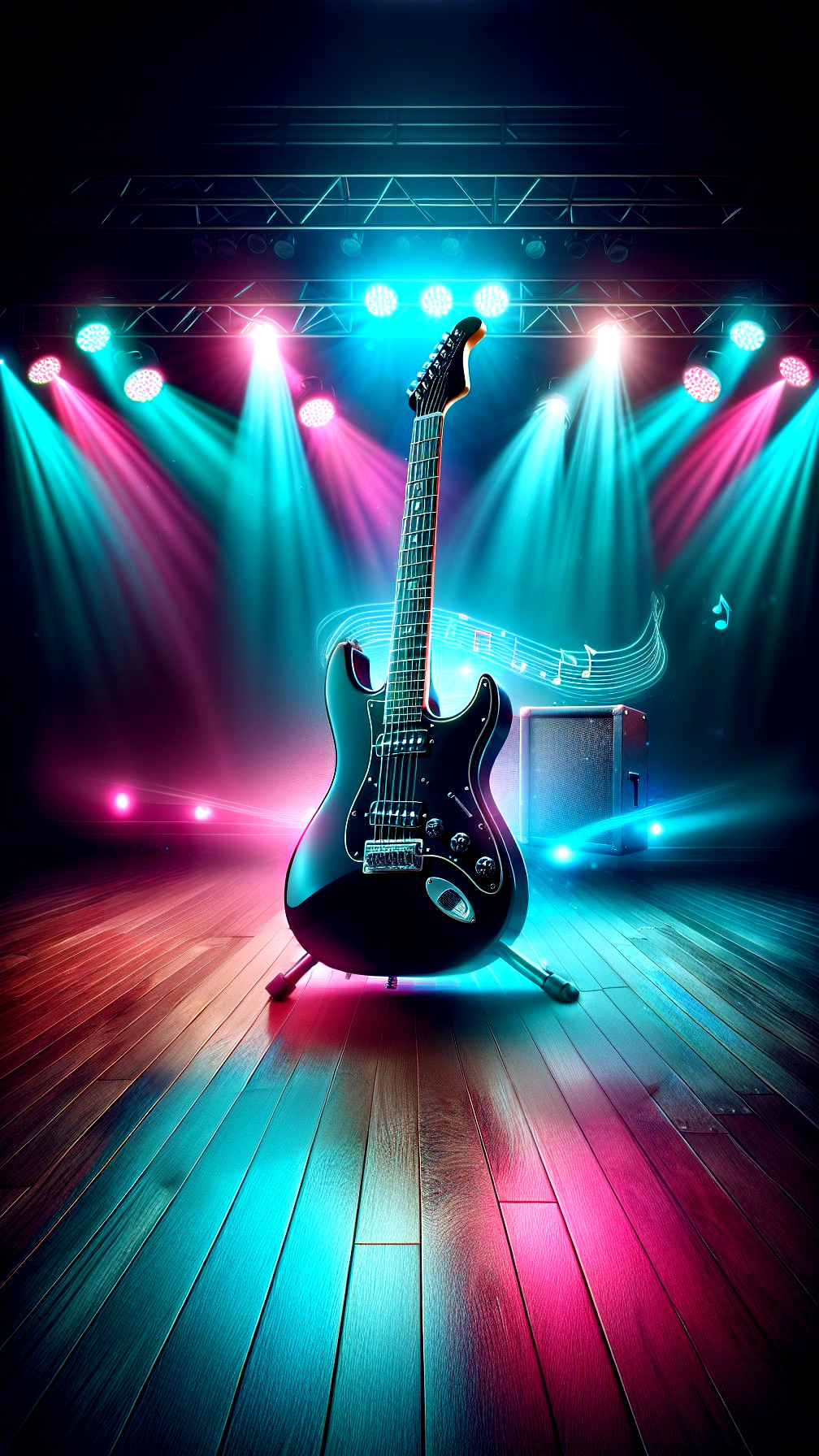 Black Electric Guitar on Polished Stage with Lights