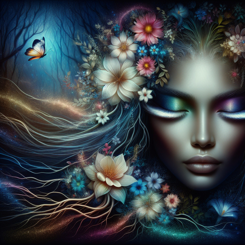 Ethereal Face with Colorful Floral and Butterfly Elements