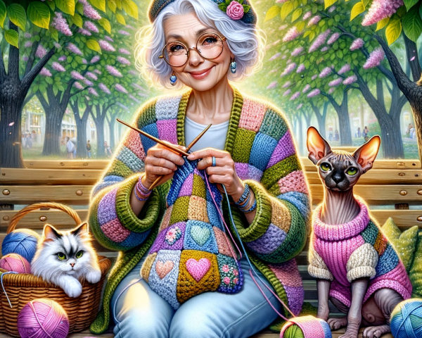 Elderly Woman Knitting in Park with Cats and Trees
