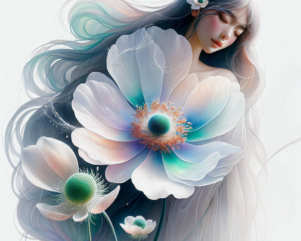 Serene Figure Merging with Ethereal Flowers in Pastels