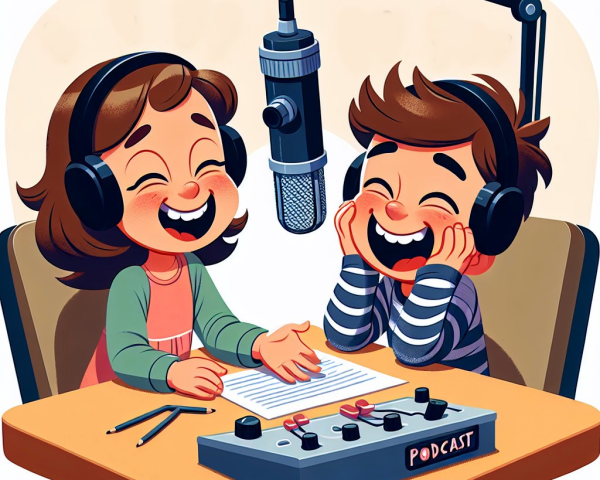 Animated Children Podcasting at a Table