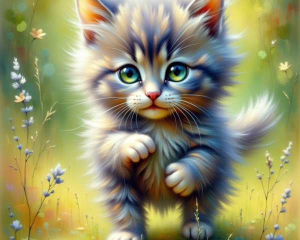 Fluffy Kitten in Sunlit Meadow with Wildflowers
