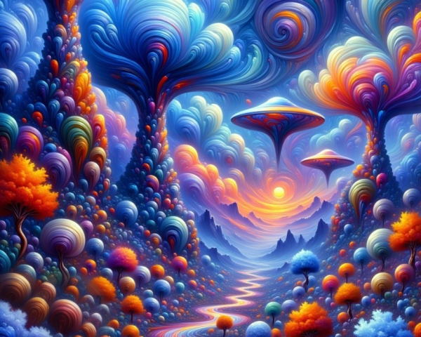 Surreal Landscape with Colorful Mountains and Trees