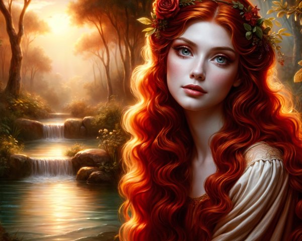 Mystical Forest Scene with Young Woman at Twilight