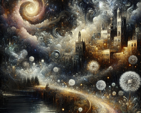 Fantastical Landscape with Cosmic Elements and Castles
