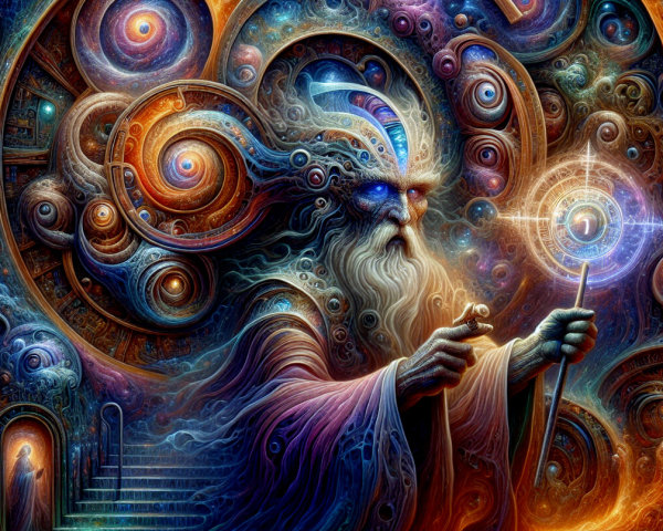 Mystical Figure in Cosmic Setting with Glowing Staff
