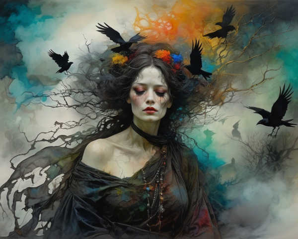 Ethereal Woman Surrounded by Crows and Colors