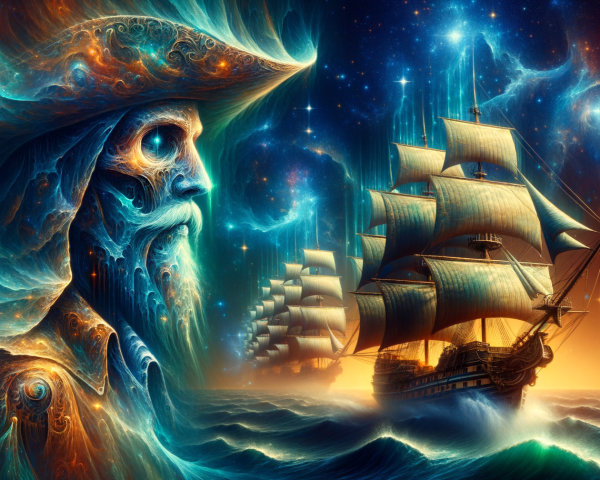 Cosmic Pirate Captain in Vibrant Celestial Scene