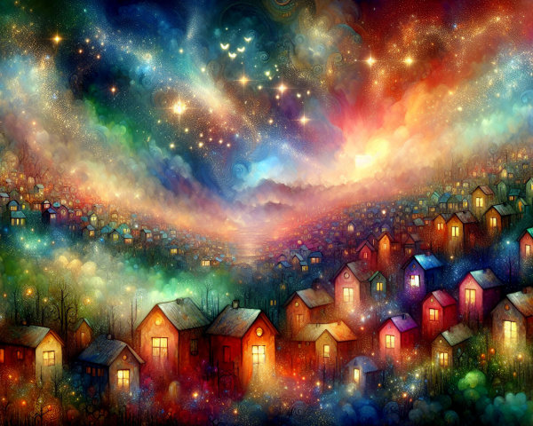 Whimsical Village Landscape Under Celestial Sky