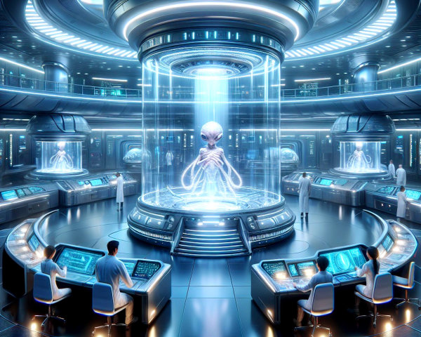Alien Being in Transparent Chamber in Futuristic Lab