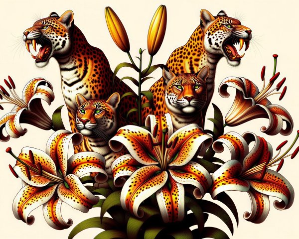 Digital Illustration of Leopards and Tiger Lilies