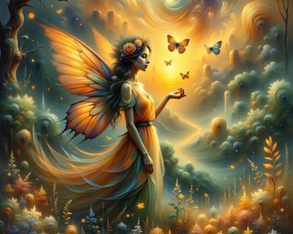 Fairy with Butterfly Wings in a Surreal Landscape