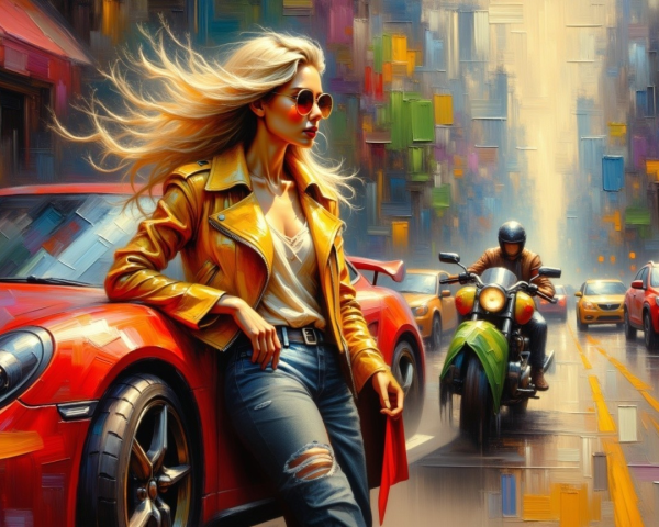 Stylish Woman by Red Sports Car in Urban Landscape