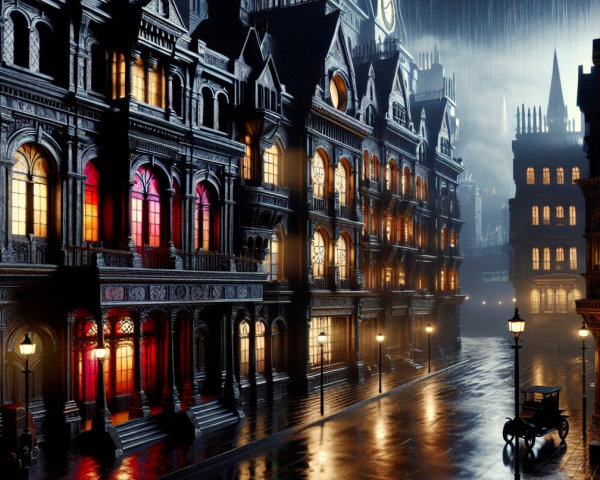 Victorian City Street with Rain and Vintage Carriage