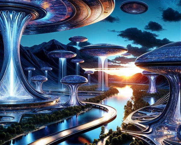 Futuristic Landscape with Sleek Structures and Sunset