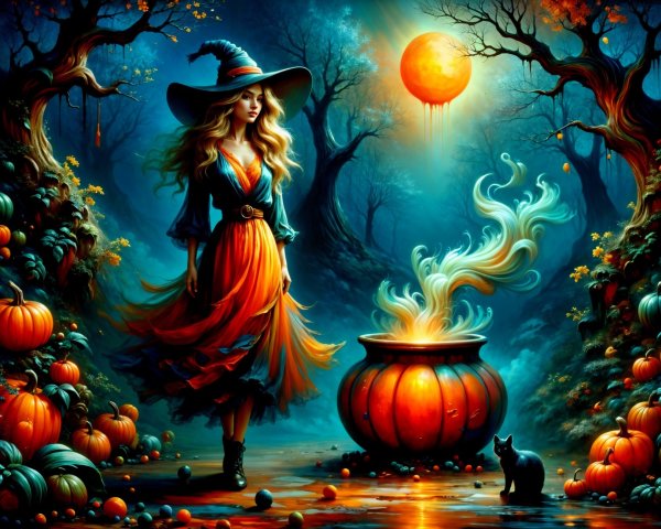 Mystical Witch in Enchanted Forest at Sunset