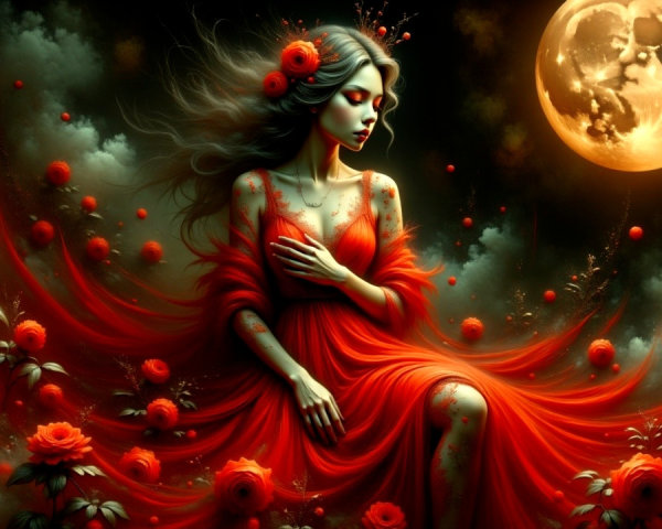 Mystical figure in red gown among vibrant roses