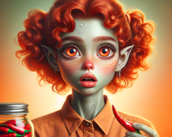 Young girl with red hair and green skin holds chili pepper