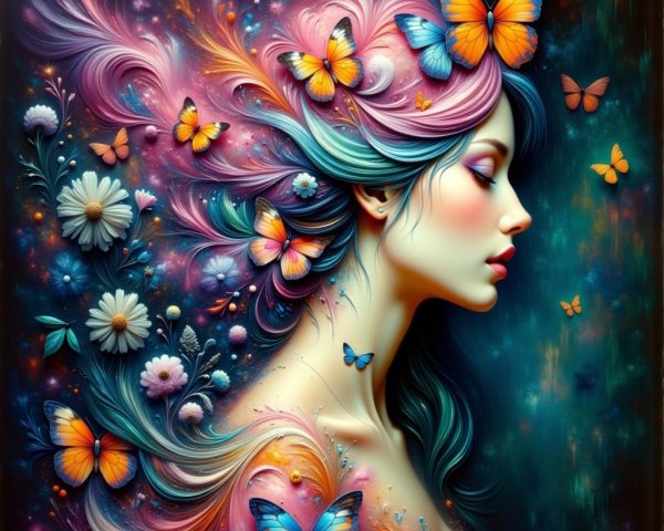 Vibrant Illustration of Woman with Colorful Hair and Nature