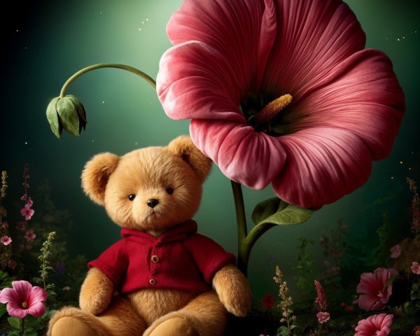 Fluffy Teddy Bear Next to a Large Pink Flower