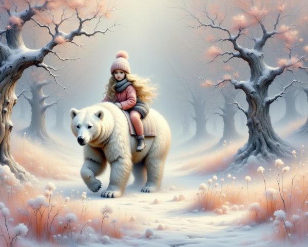 Whimsical Winter Scene of Girl on Polar Bear
