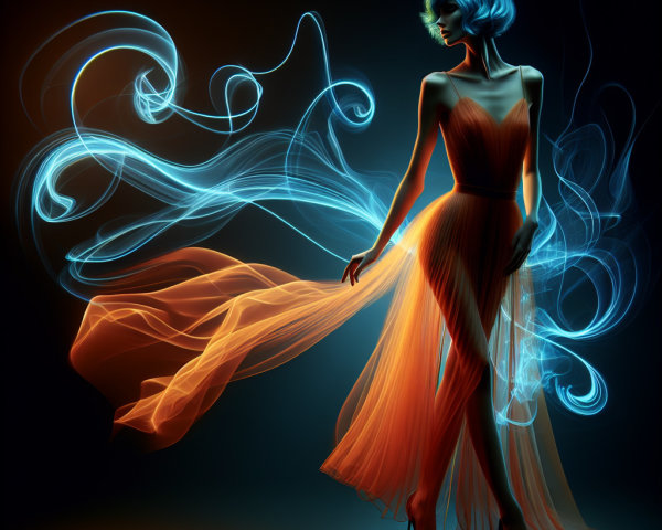 Elegant Gown in Vibrant Orange and Blue Hues